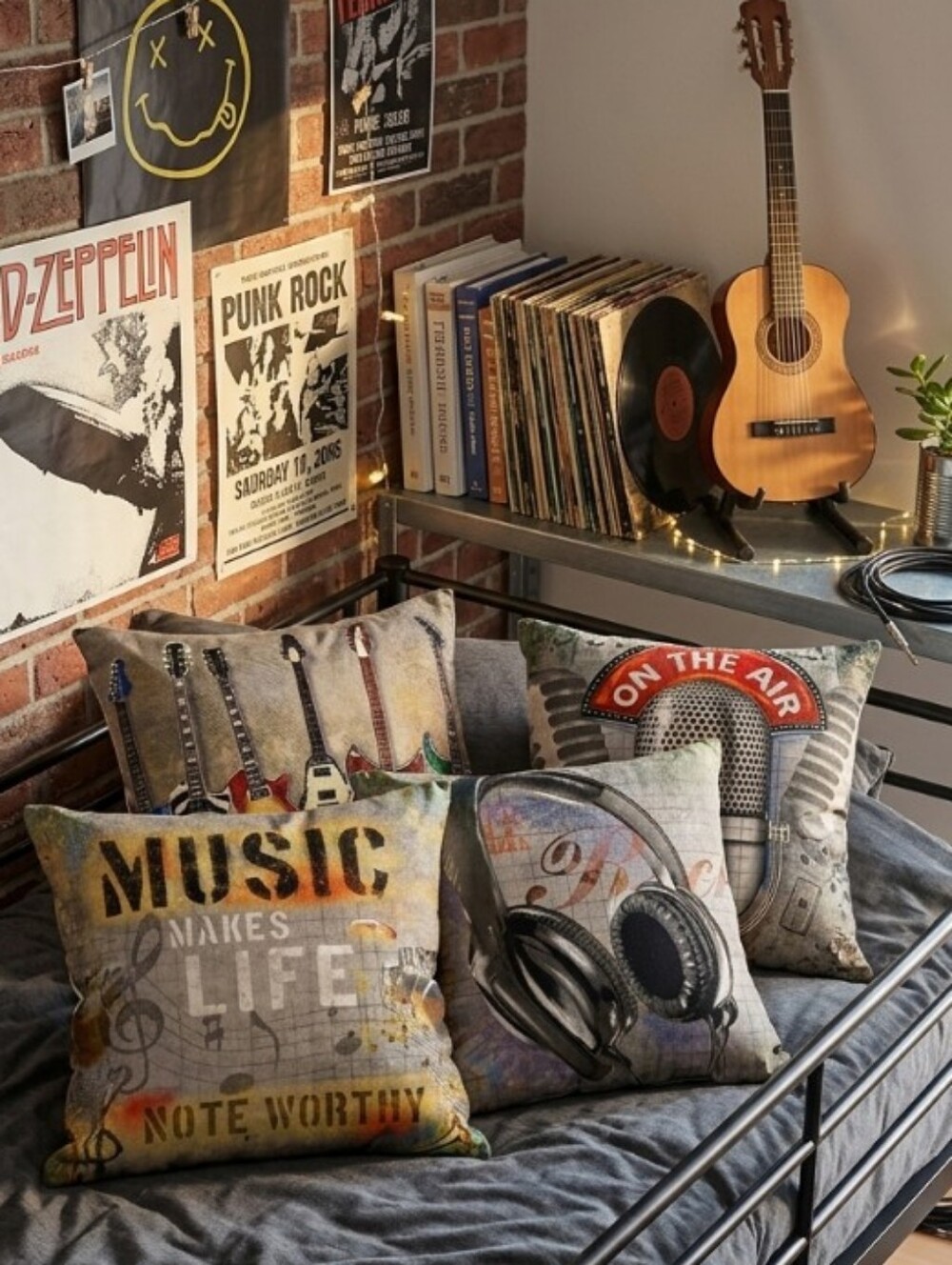 Vintage Music Decorative Throw Pillow Set - Guitars & Headphones